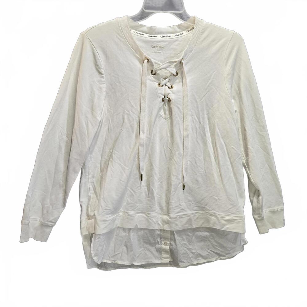 Calvin Klein Women's White Lace Up V-Neck Layered Look Knit Long Sleeve Top